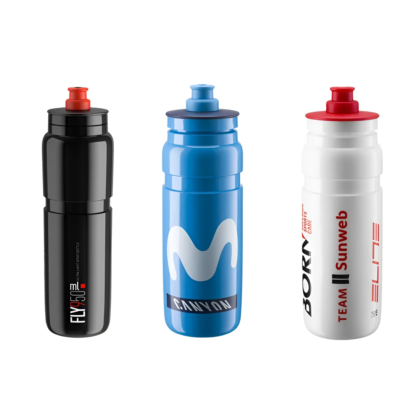Plastic push-type cycling water bottle in Movistar colour, 750ml, with blue and red stripes on white background