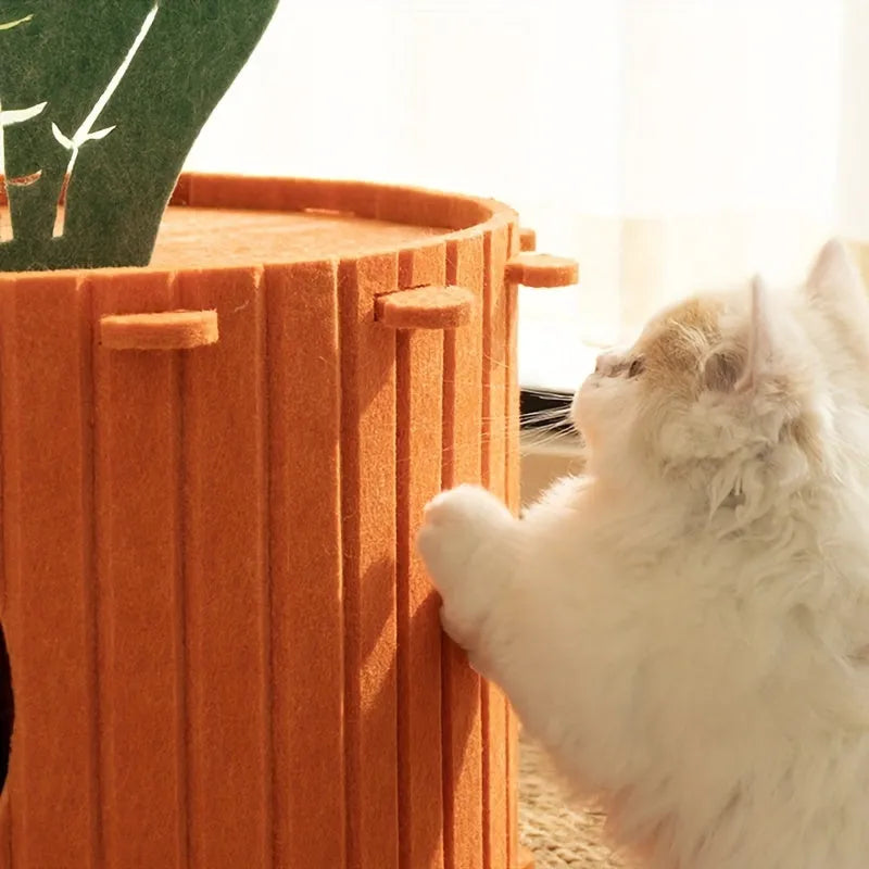 Orange carrot-shaped felt cat bed tunnel with entrance hole, shown in medium and large sizes.