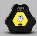 Portable car electric air compressor tyre inflator with compact body measuring 22cm by 19.5cm by 8.5cm
