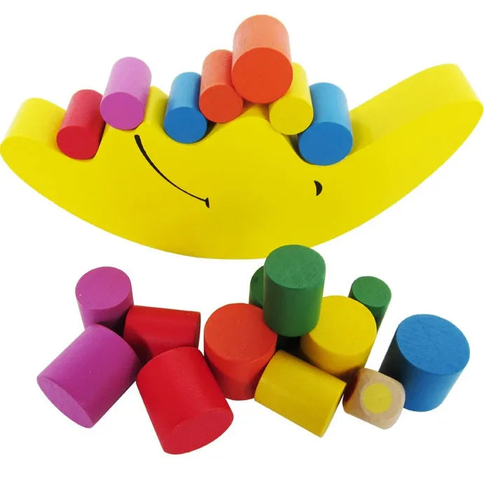 Blue and yellow moon-shaped wooden balance game toy for children aged 2-4 years