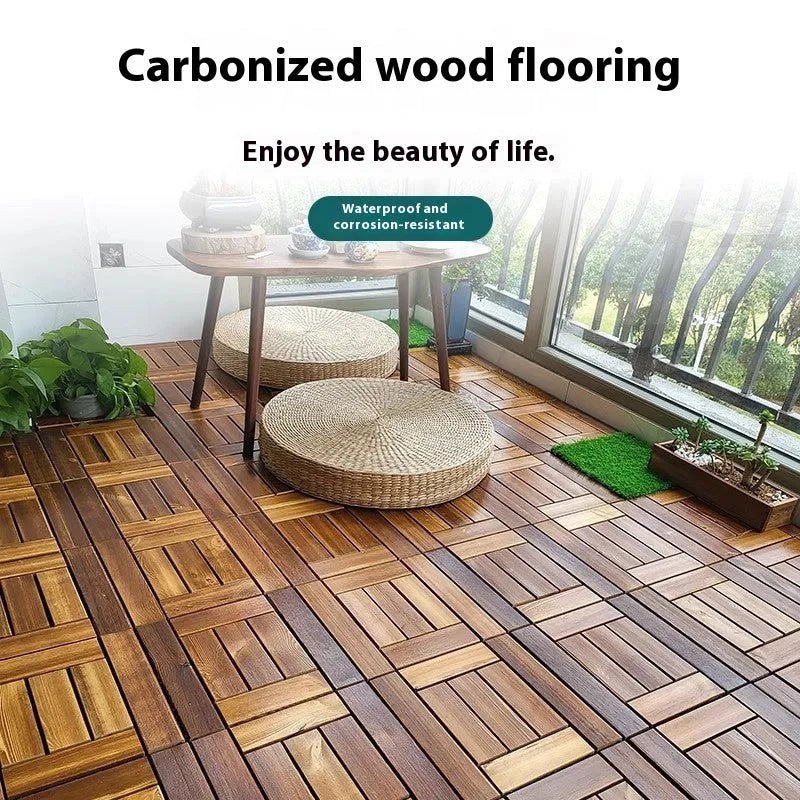 Four square camphor pine wood flooring tiles with a brushed finish, each measuring 30cm by 30cm.