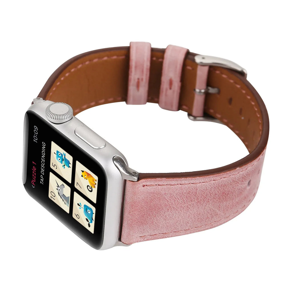 Genuine leather strap with folding buckle in multiple colours including blue, brown, and pink.