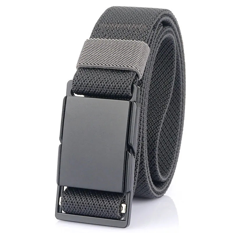Casual polyester belt with a silver metal magnetic buckle in dark khaki colour.