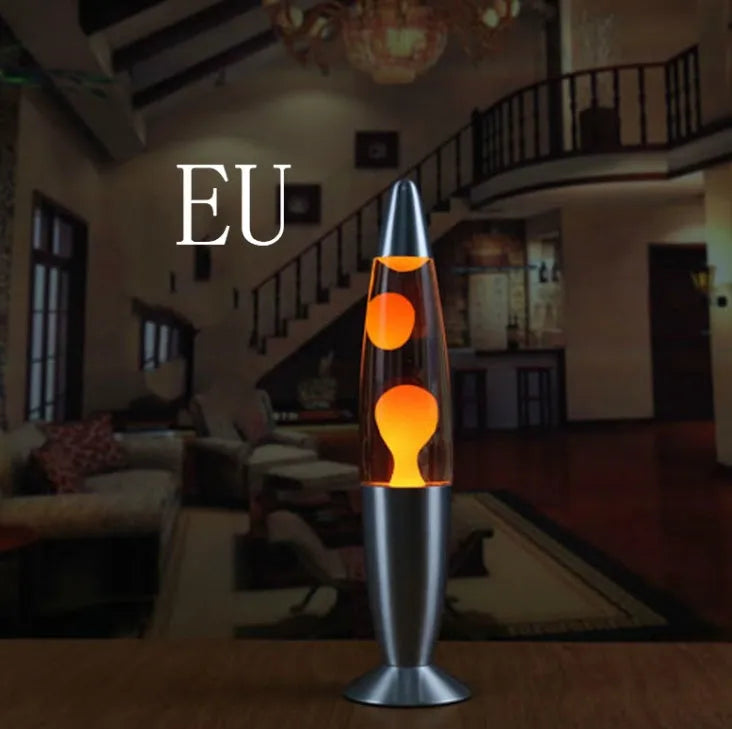 Metal bottom lava lamp with glass bottle on aluminium base, 33 cm tall