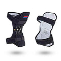 Black adjustable spring knee brace support for patella, shown on a knee with straps and venting holes.