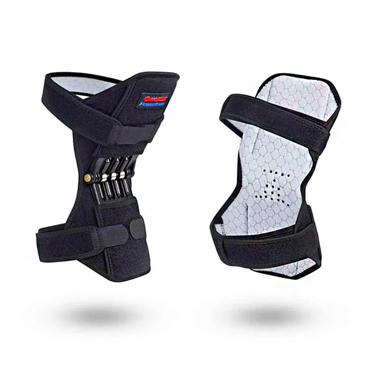 Black adjustable spring knee brace support for patella, shown on a knee with straps and venting holes.