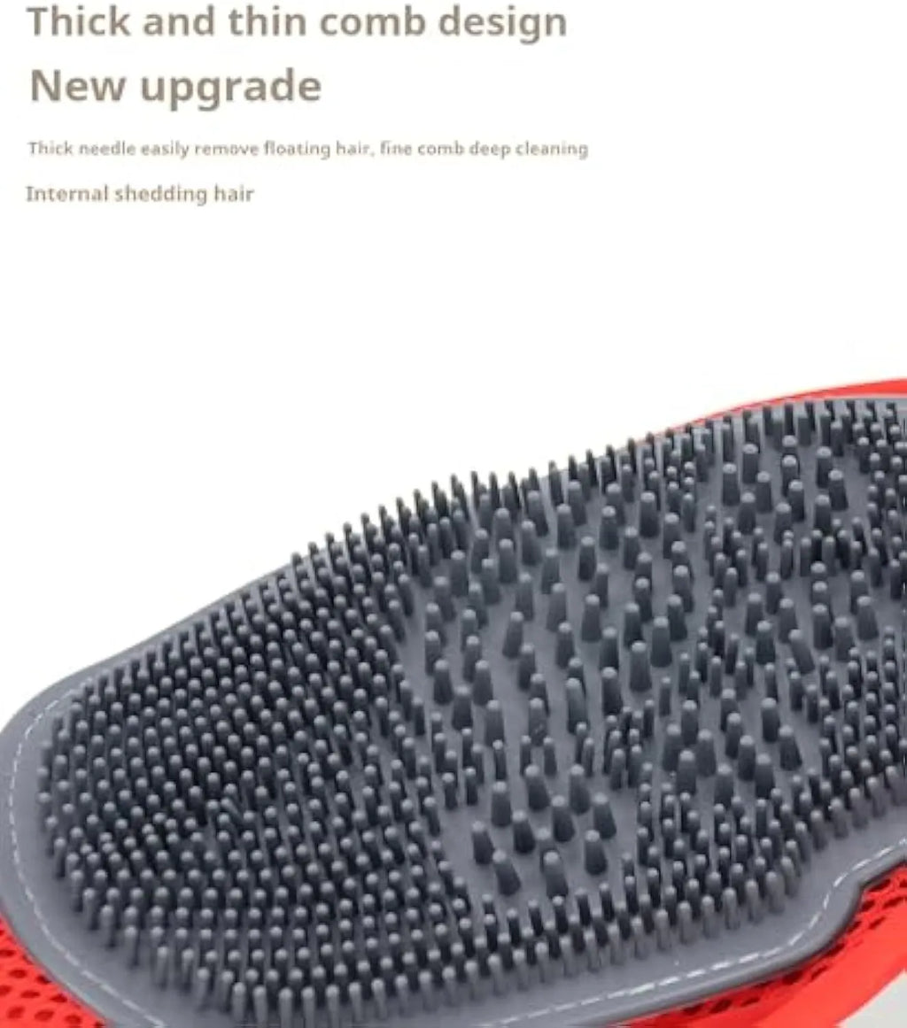 Red pet bathing glove with integrated grooming brush for dog and cat hair removal during bath time