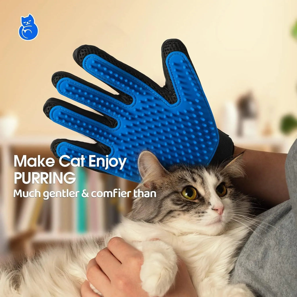 Blue pet grooming gloves with silicone tips for removing loose hair from dogs cats and horses