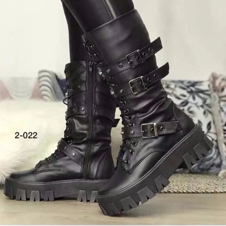 Black women's mid-calf boots with a metal buckle and side zipper on a round toe.