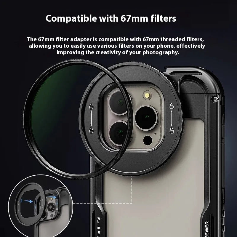 Aluminium alloy metal lens filter expansion box for iPhone 15 Pro and Pro Max with 67mm filter adapter and cold shoe mount