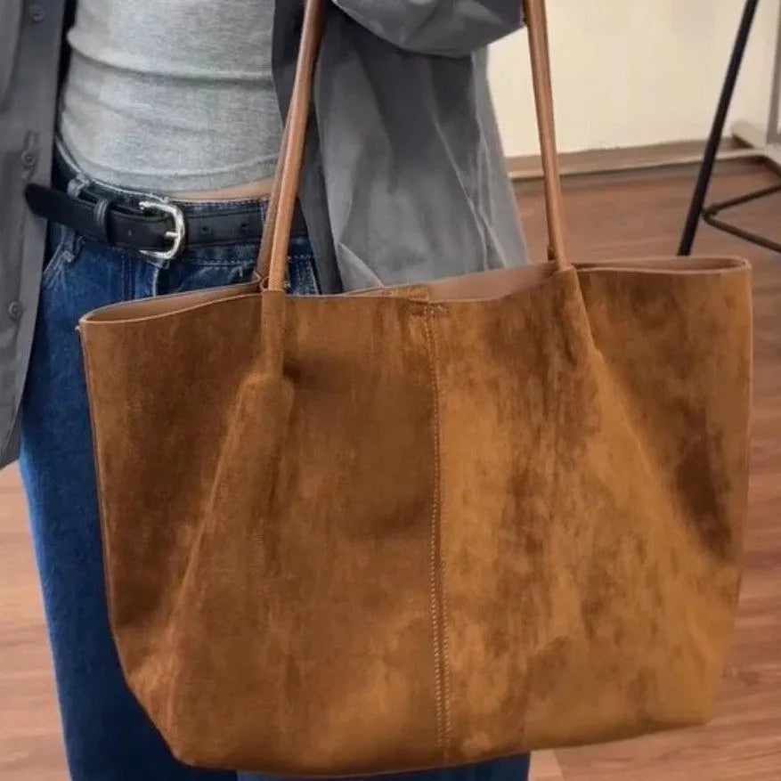 Coffee colour large capacity PU tote bag with double joint shoulder straps and three-dimensional outer pocket for autumn winter commuting