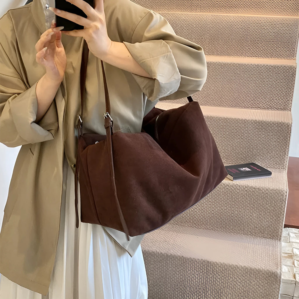 Women's large capacity fashion suede pillow shoulder bag in khaki, made of PU with slit pocket