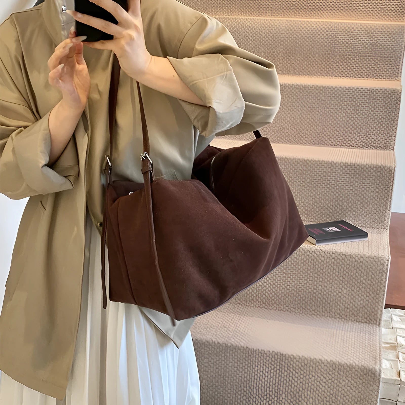 Women's large capacity fashion suede pillow shoulder bag in khaki, made of PU with slit pocket