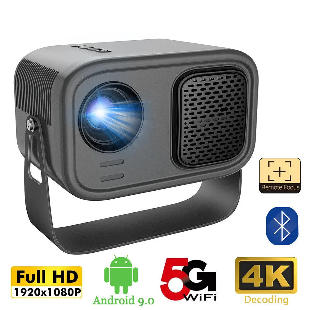 Black portable HD projector with remote control and cables for home office use