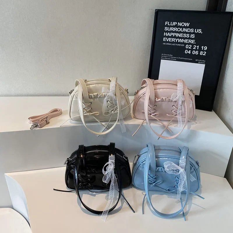 Milky White women's casual shoulder handbag with a bandage bow and sewing thread detail.