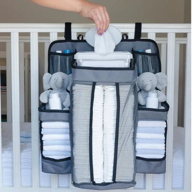 Crib storage bag in grey TC oxford cloth with large storage space for baby diapers and toys