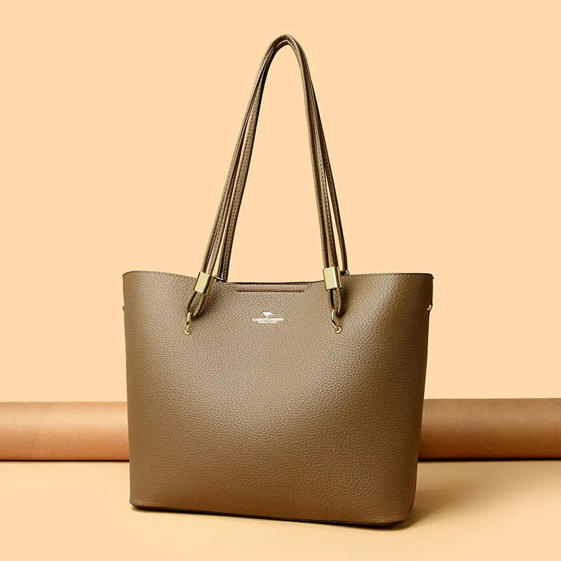 Women's large capacity crossbody tote bag in PU leather with stitching detail in brown colour
