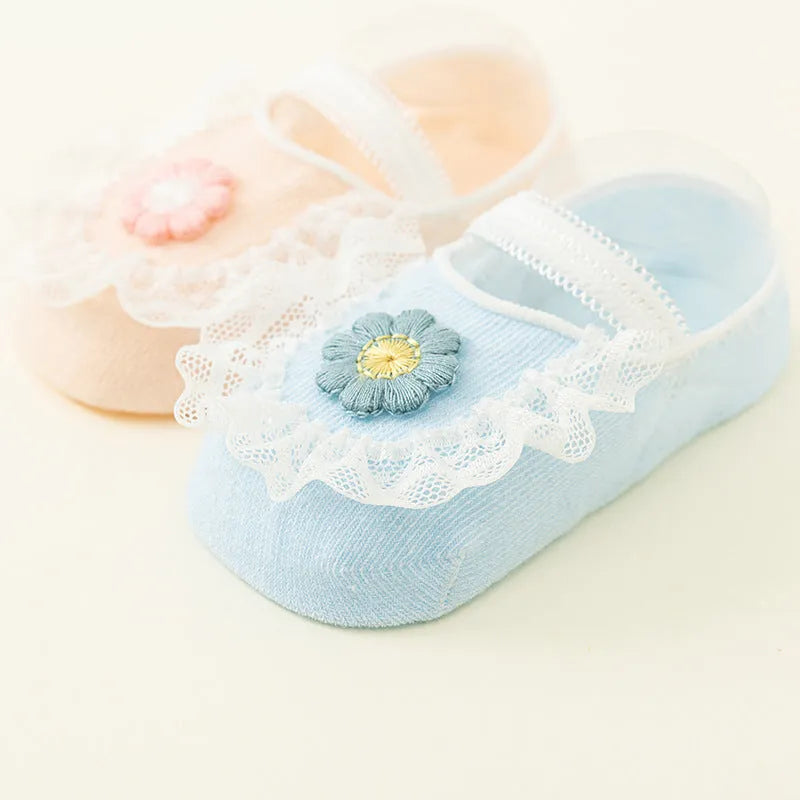 Summer thin cotton baby socks non-slip toddler ankle socks in light blue milky white, light green light pink, light yellow milk powder, 2 pairs boxed.