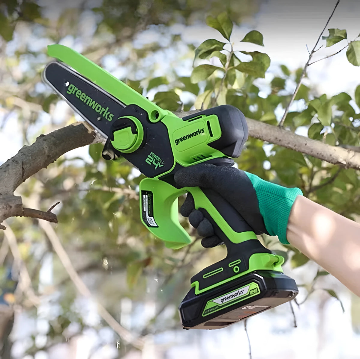 6-inch cordless electric chainsaw with 24V lithium battery, 400W motor, and two batteries
