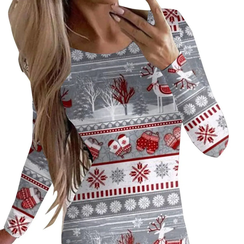 Women's Christmas dress with animal pattern print and floral colours in mid-waist hip skirt silhouette