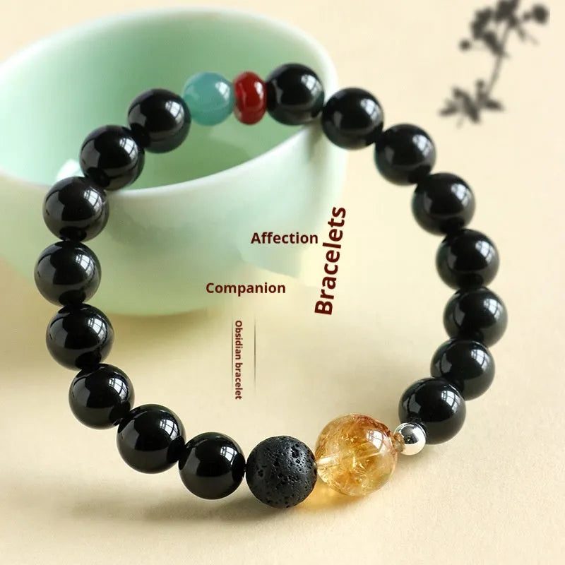 Chinese style obsidian yellow tower crystal agate jade bracelet with 8mm or 10mm bead options
