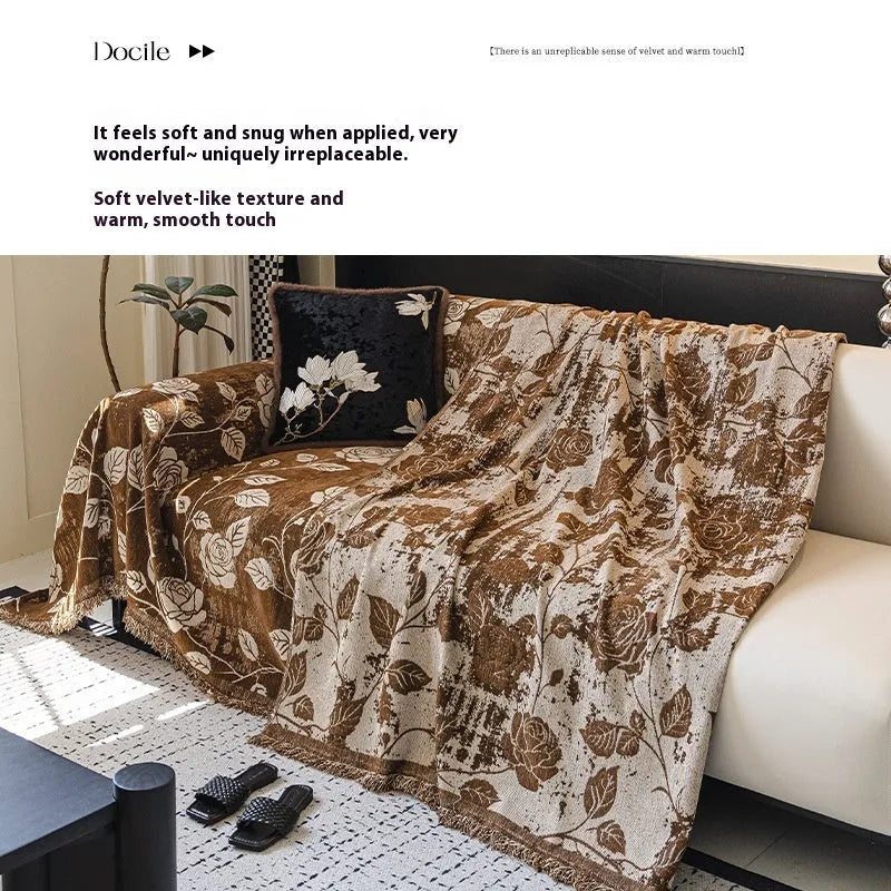 Chenille sofa cover with retro floral pattern in Beige, 180cm wide, draped over a sofa