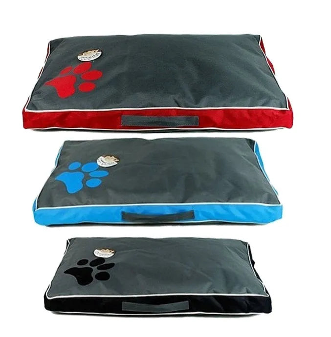Waterproof Oxford cloth dog bed with removable washable cover and non-slip bottom, red blue black, sizes M to XXL