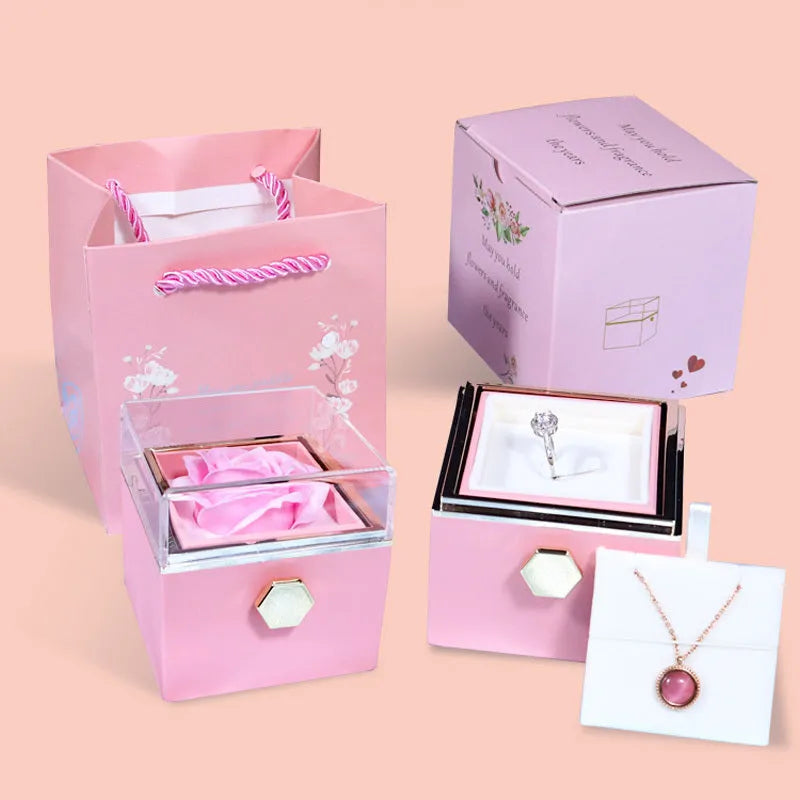 Rotating soap flower rose gift box with transparent acrylic cover showing preserved rose and jewellery drawer