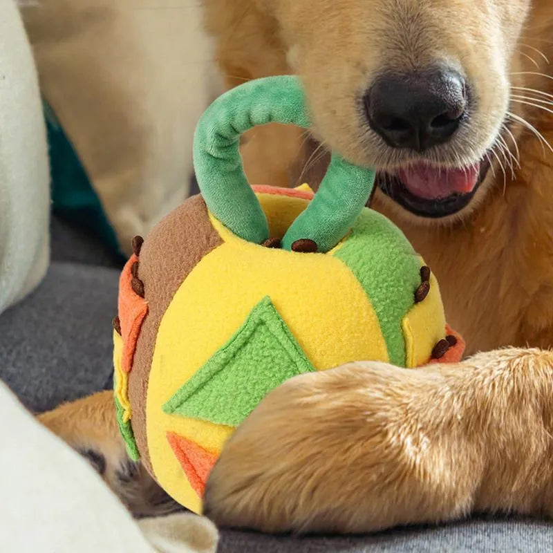 Green plush squeaky ball dog toy with treat pockets for interactive play with small to medium dogs