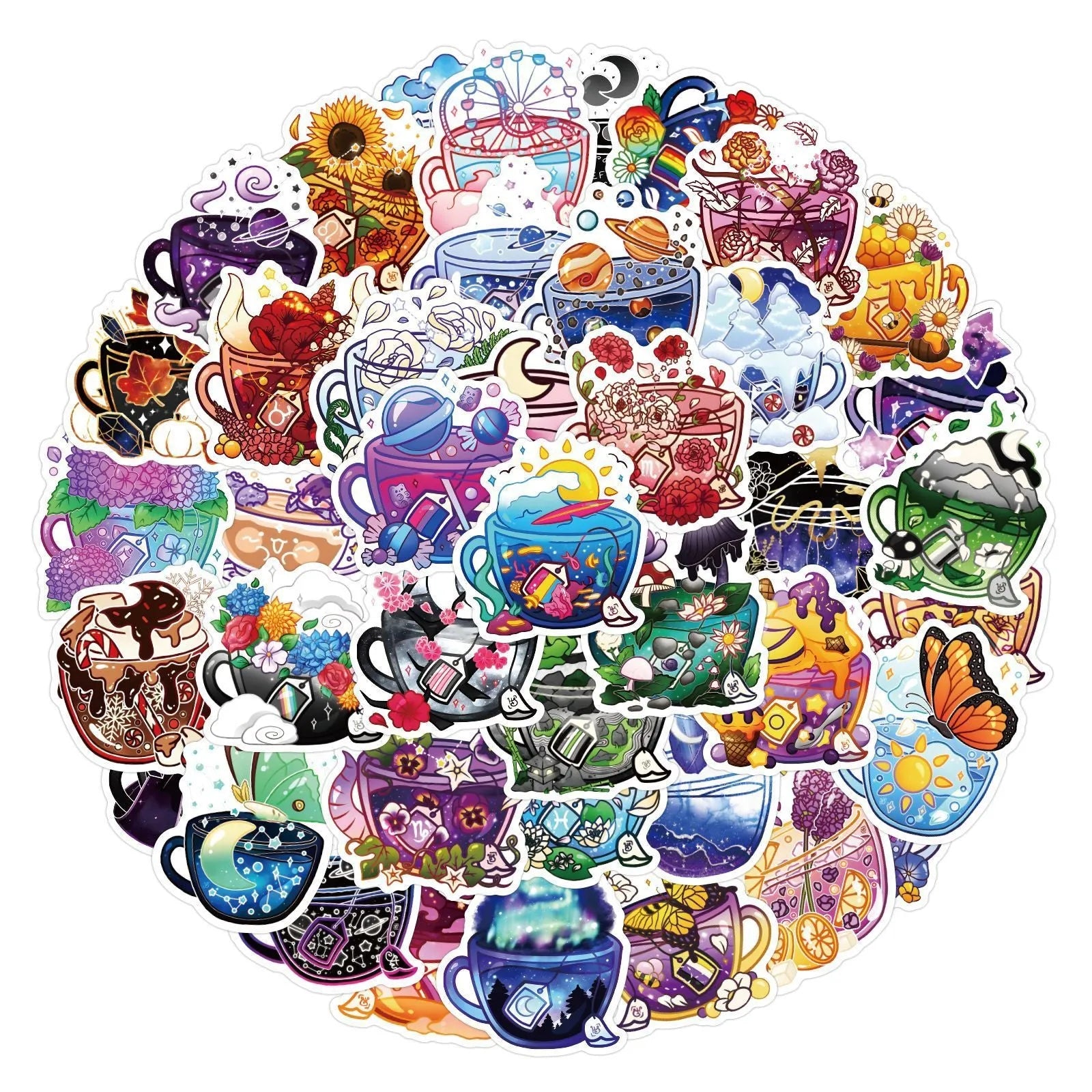 Colourful tea cup graffiti design waterproof stickers, 50-piece pack for DIY personalisation.