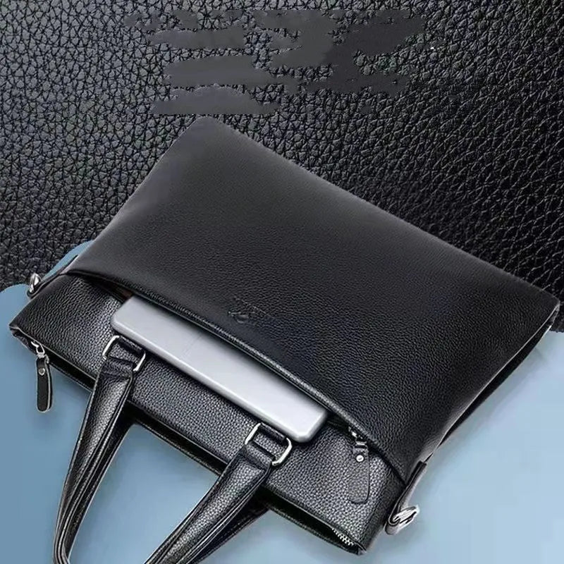 Men's black and brown PU leather messenger bag with splicing design and crossbody strap