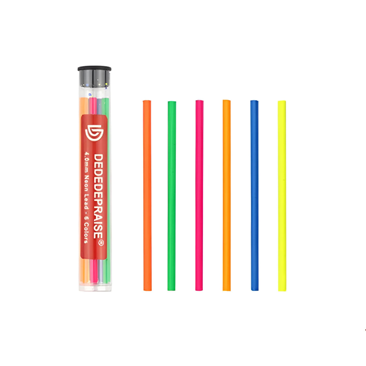 Pack of six 4.0mm colour lead mechanical drawing pencils in a plastic barrel, showing yellow, blue, and green examples.