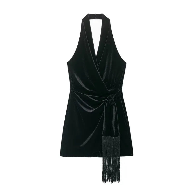 Women's hooded fringe-trimmed short dress in black mercerised cotton knit with pleated detail