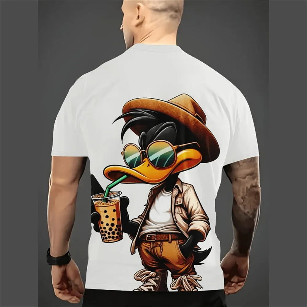 Men's loose-fit casual shirt with cartoon 3D print design in linen fabric, showing short sleeves and relaxed fit