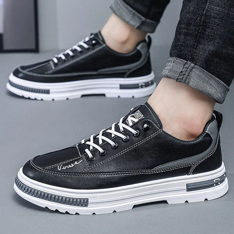 Men's black and white platform sneakers with elastic bands and round toe design