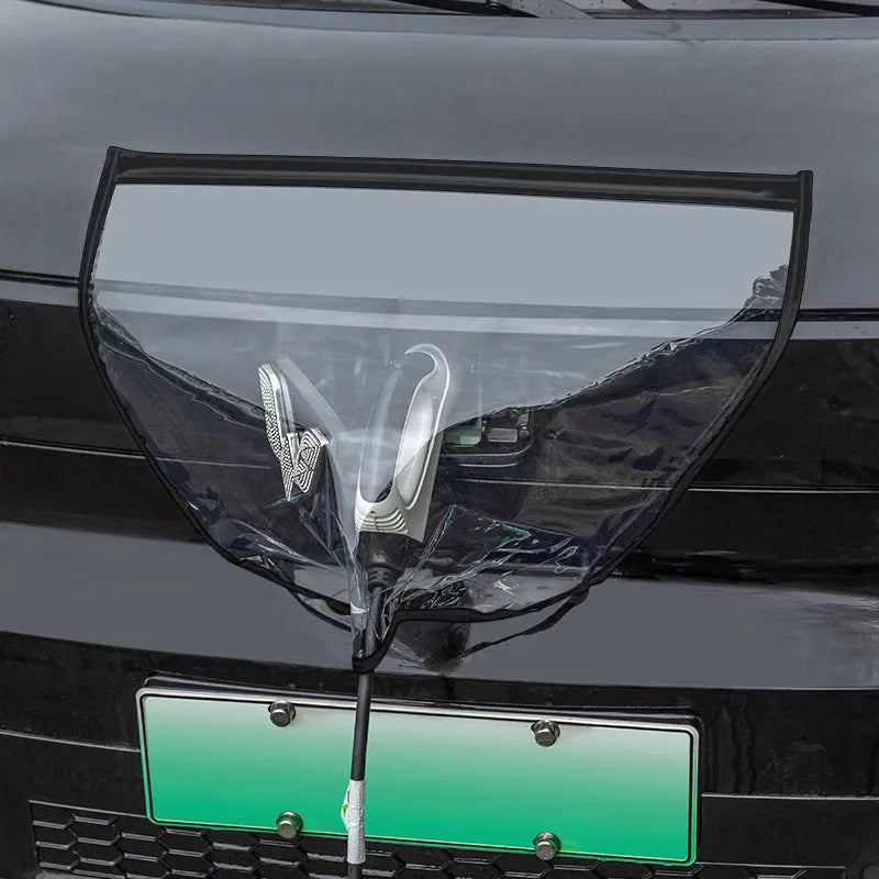 Black waterproof PVC rain cover for electric vehicle charging gun with magnetic strips.