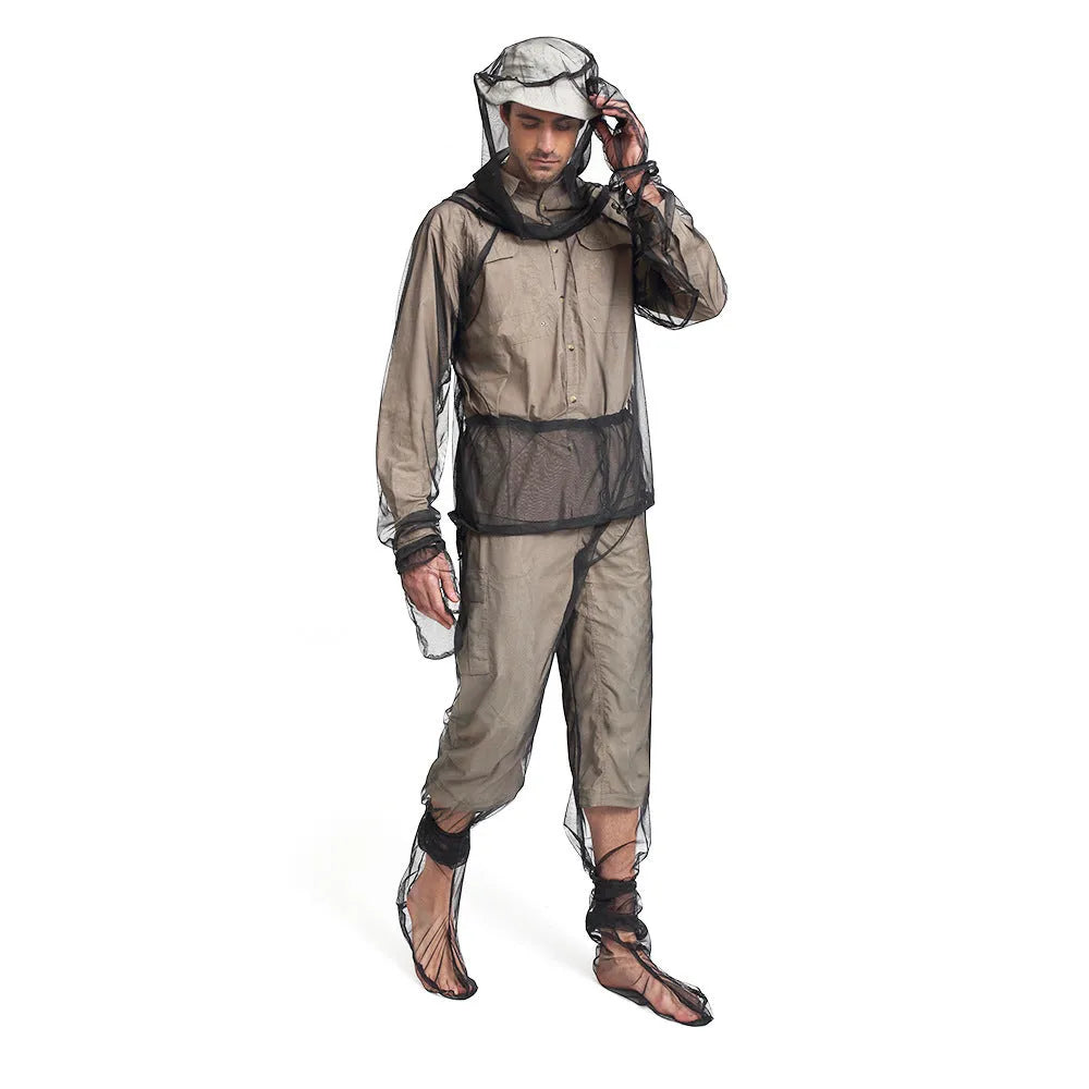 Mosquito-proof outdoor clothing set with hooded top, pants and booties in mesh fabric
