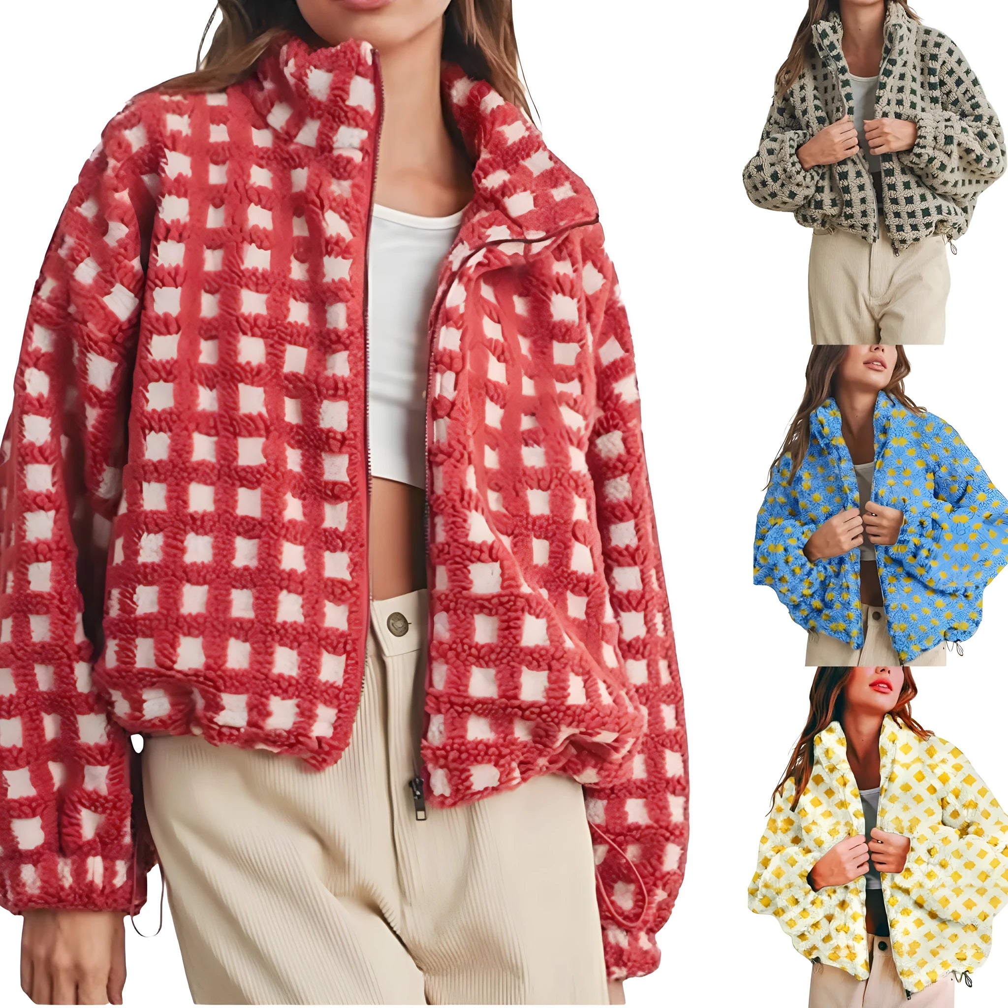 Women's anti-blowing lamb wool plaid casual jacket in red plaid, loose fit, polyester fibre