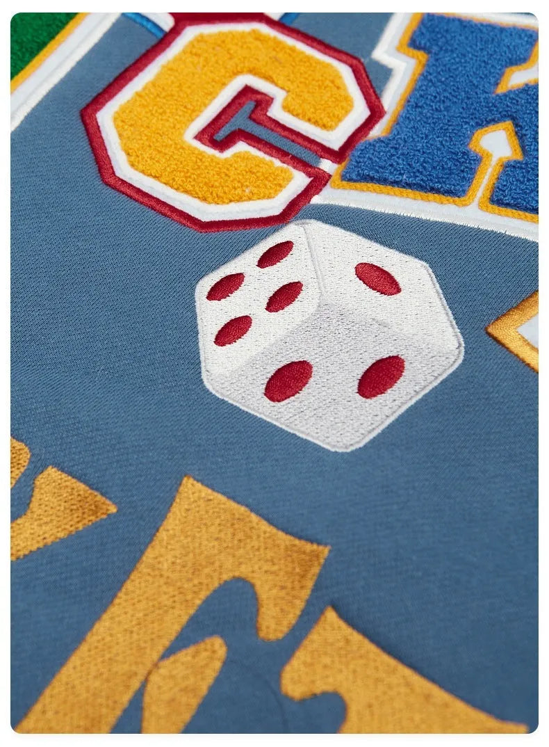 Blue varsity baseball uniform jacket with stand-up collar, single-breasted front, and loose fit, sizes S to XL