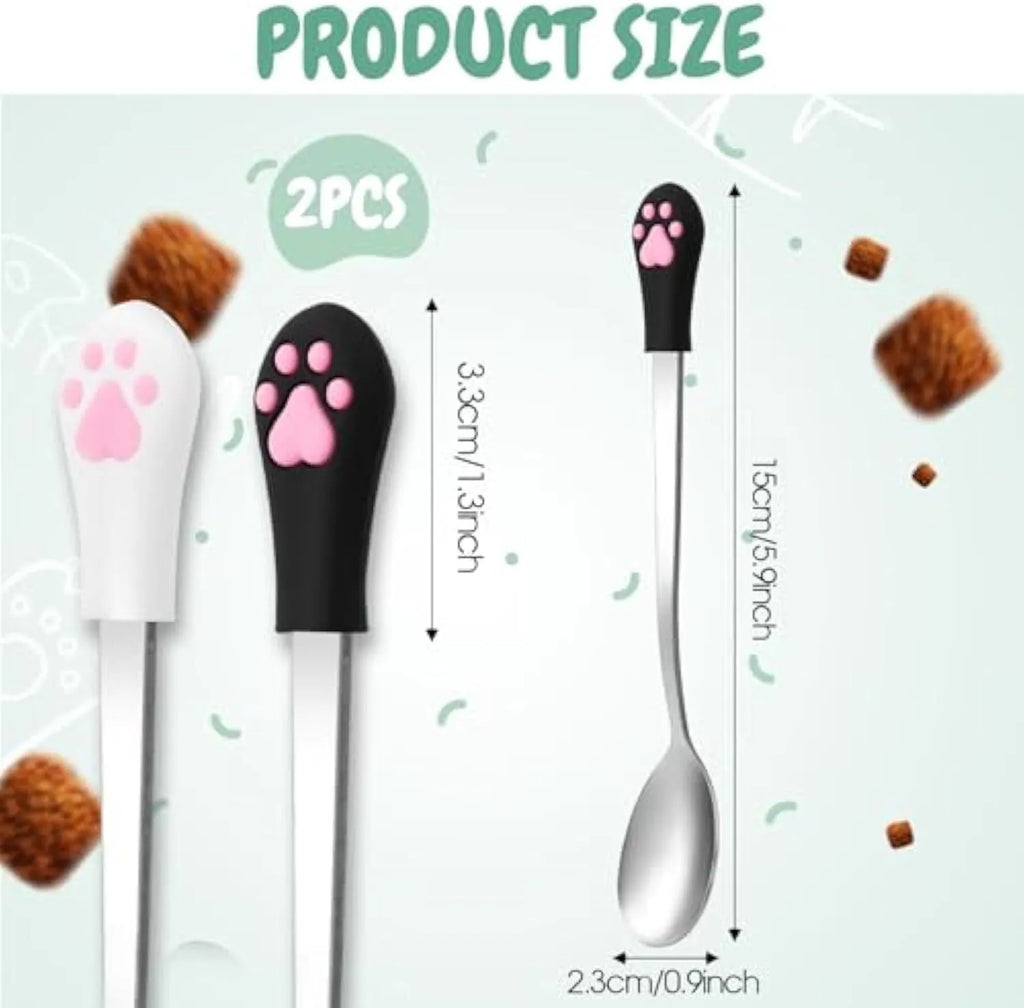 Two stainless steel pet food spoons with silicone handles in white and black colours