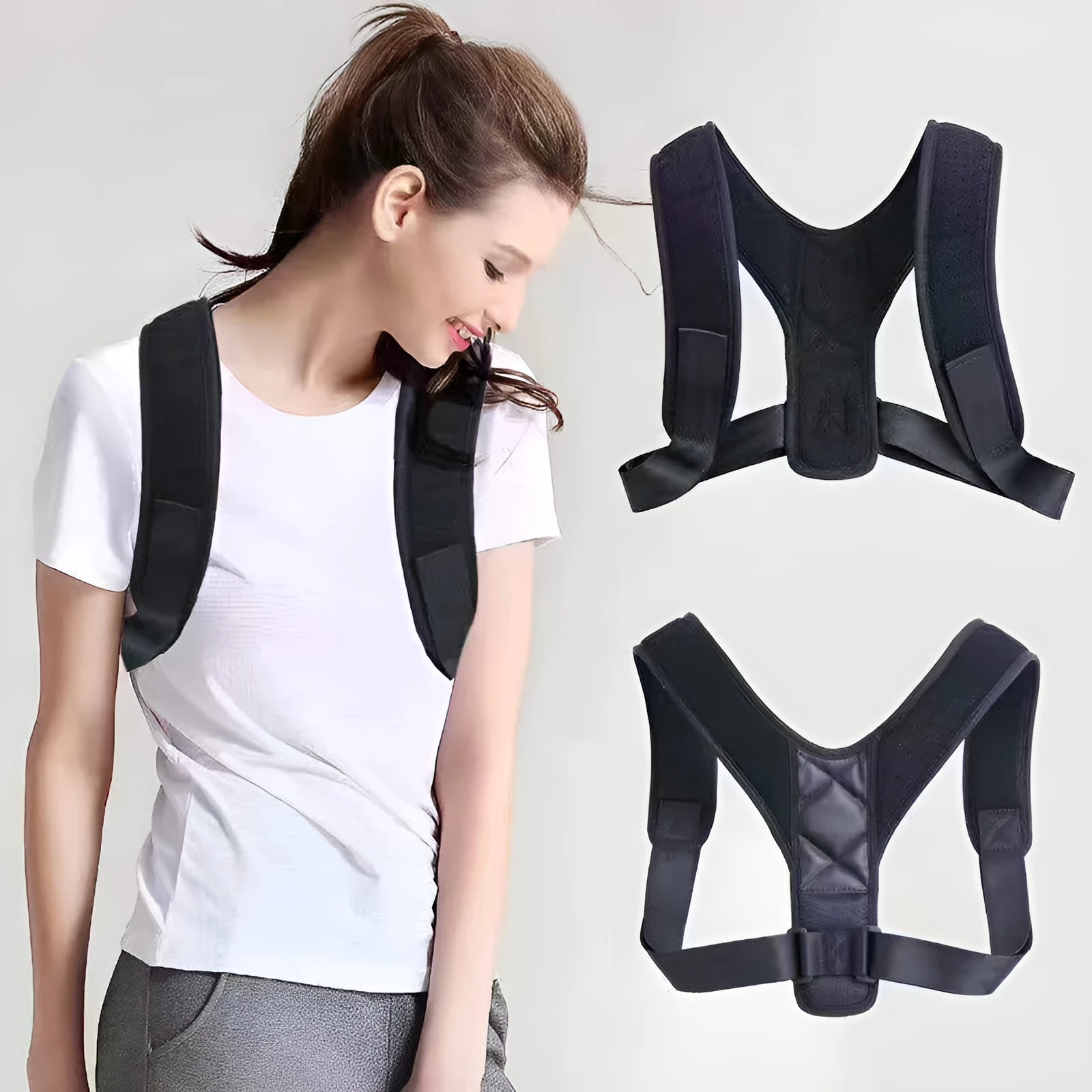 Babaka nylon sitting posture correction belt shown in two style types.