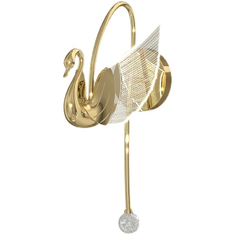 Gold-coloured modern swan-shaped wall lamp with acrylic shade and dimmable multi-colour LED light.