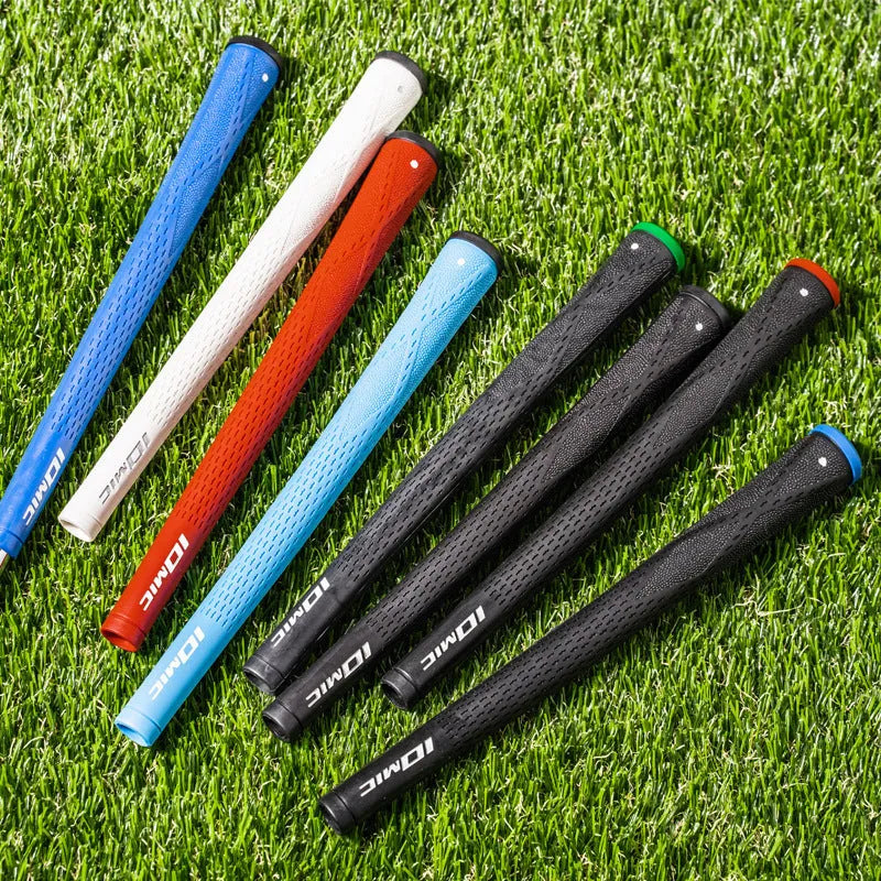 TPE golf club grip in assorted colours including pink, red, blue, white, and two-tone black combinations.