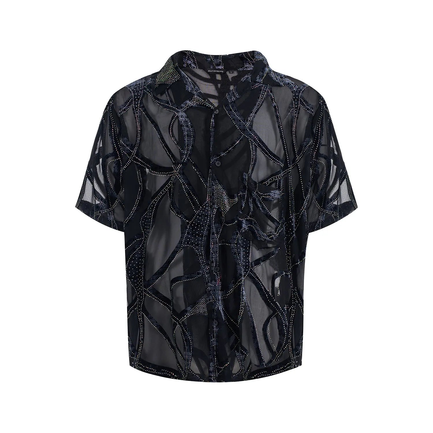 Man's black and grey snake pattern short-sleeved shirt with loose fit and lapel collar.