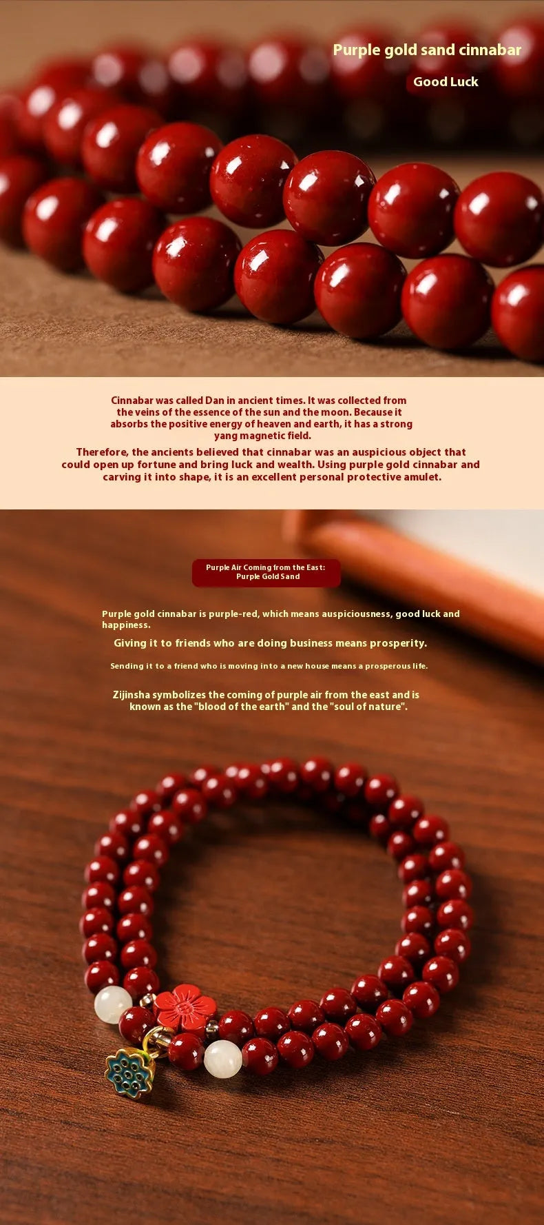 Hand-woven double circle bracelet with purple gold cinnabar beads and lotus design