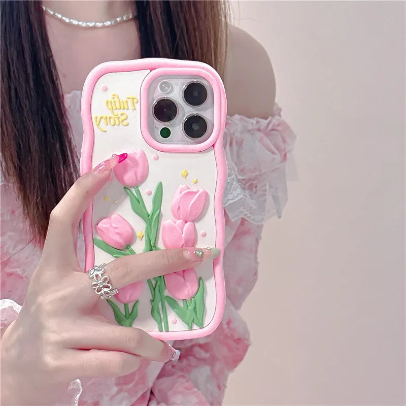 3D tulip silicone iPhone case with frosted finish, pink and colour matching, fall protection cover