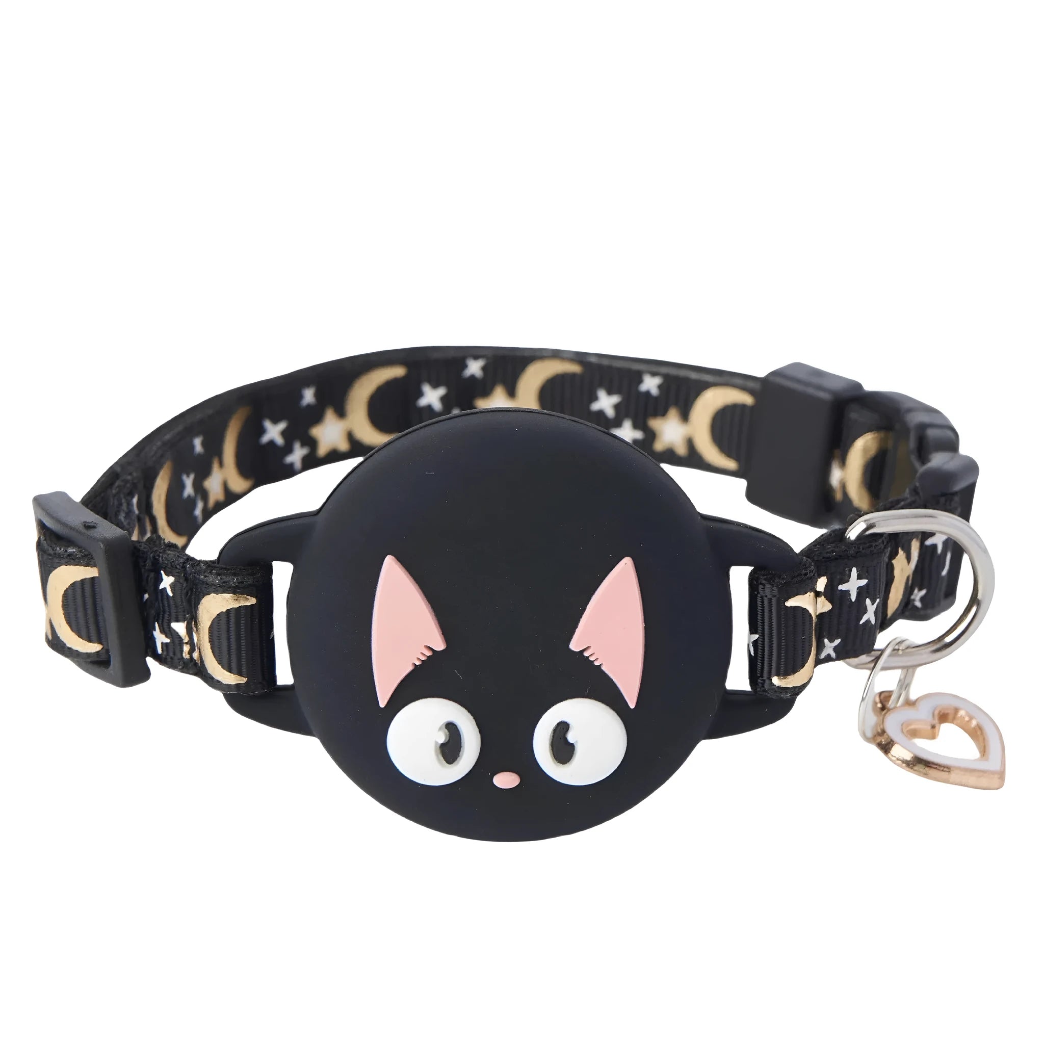 Plastic Apple AirTag protective case for cat collars in pink, blue, light green, and black colours with adjustable band.