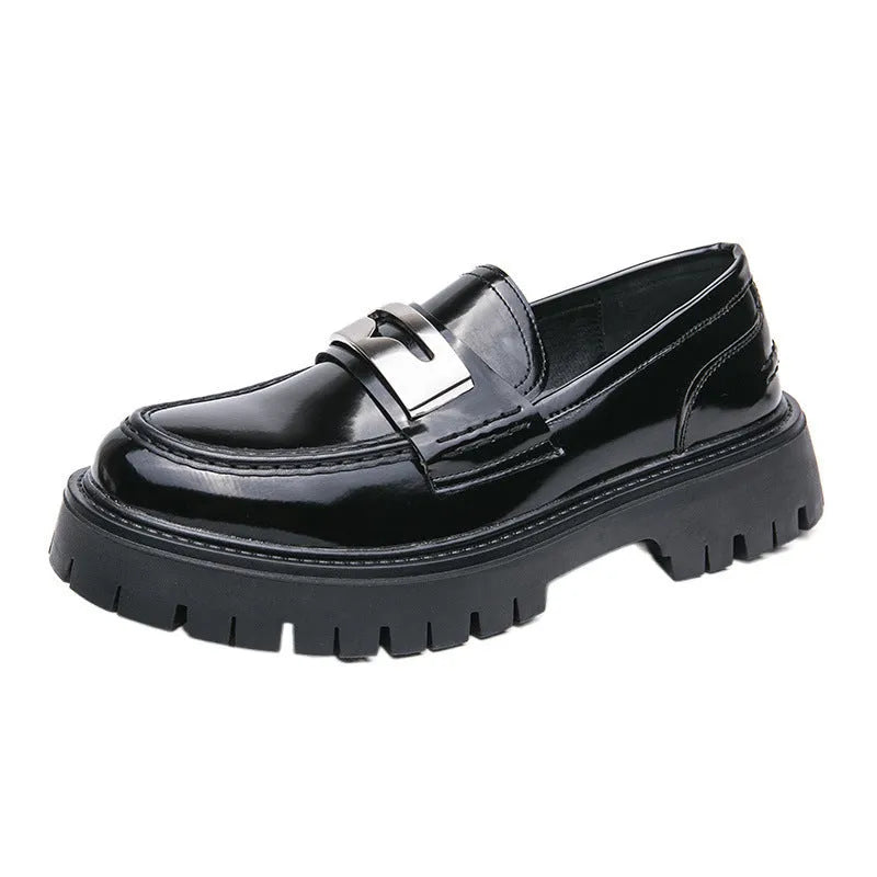 Men's glossy black PU leather slip-on loafers with a low platform heel for summer.