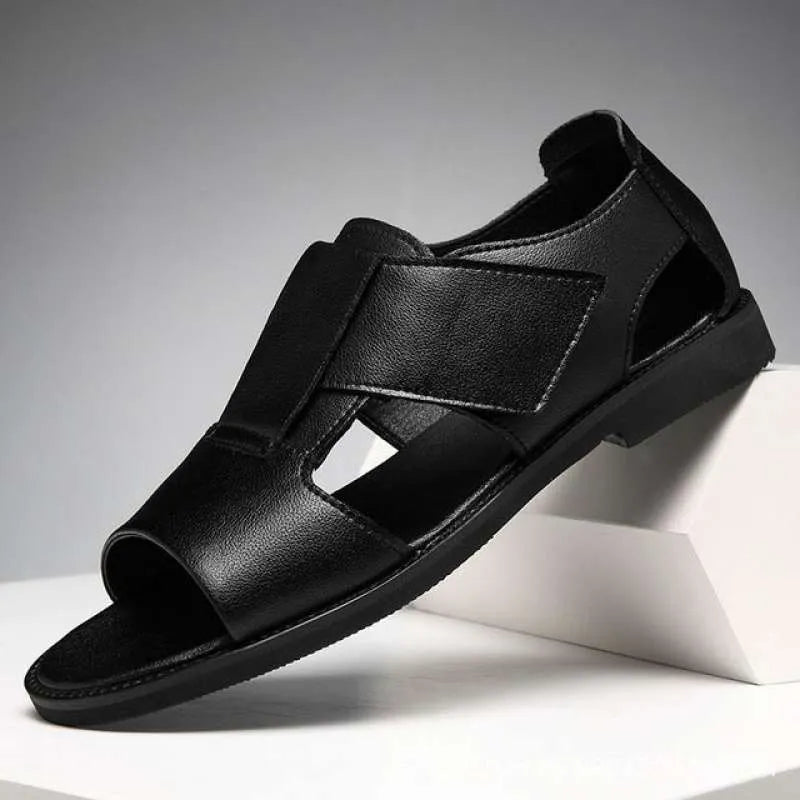 Men's black leather Roman sandals with open toe design and rubber sole