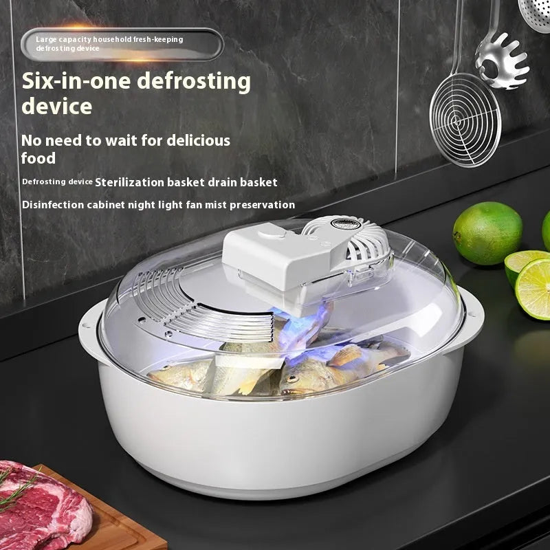 Aluminium household food defrosting plate with modern design on kitchen countertop